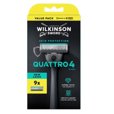 Бритва мужская Wilkinson Sword Quattro 4 Skin Protection 4 лезвия с алмазным покрытием, защитная сетка, полоска с алоэ, станок и 9 сменных кассет