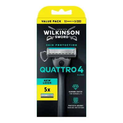Бритва мужская Wilkinson Sword Quattro 4 Skin Protection 4 лезвия с алмазным покрытием, защитная сетка, полоска с алоэ, станок и 5 сменных кассет