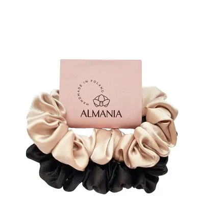 Набор резинок для волос Almania Scrunchie шелковые, 2 шт, черная и розовое золото