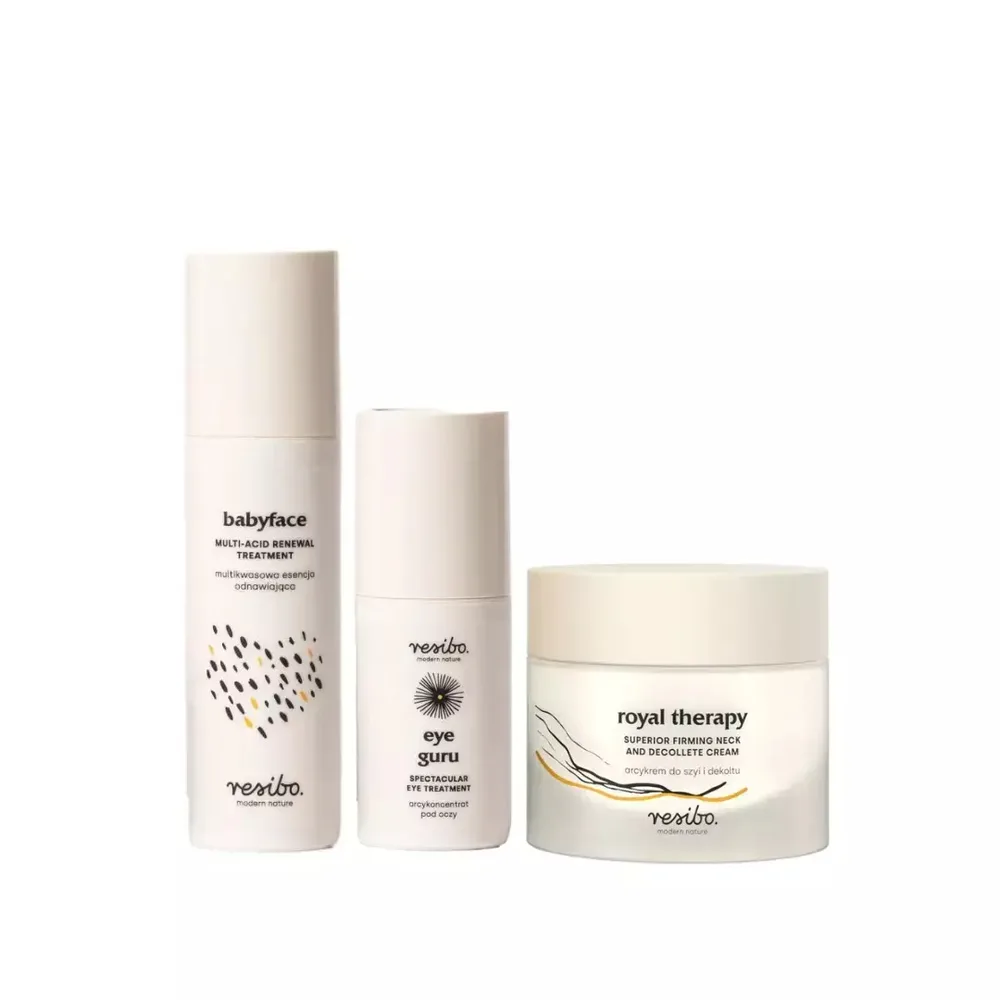Набор для лица Resibo Be a Queen in Your Own Skin концентрат для контура глаз, эссенция, крем для шеи и декольте, 15+50+50 мл
