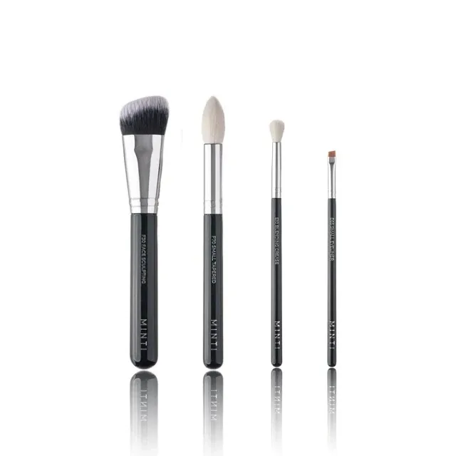 Набор кистей для макияжа лица и глаз MINTI Collection Basic Set 4 шт белый козий и синтетический ворс, деревянные ручки