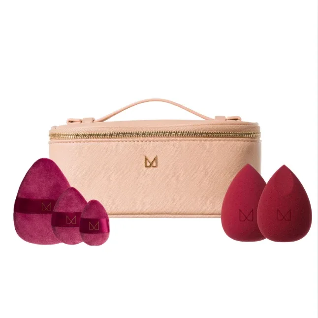 Подарочный набор M BRUSH by Maxineczka косметичка Weekender Bag бежевая + пуховки Powder Puff Trio 3 шт + спонжи для макияжа Burgundy