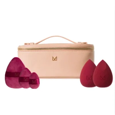 Подарочный набор M BRUSH by Maxineczka косметичка Weekender Bag бежевая + пуховки Powder Puff Trio 3 шт + спонжи для макияжа Burgundy