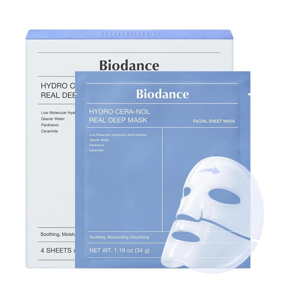 Маска для лица гидрогелевая Biodance Hydro Cera-Nol Real Deep Mask с церамидами и коллагеном, увлажняющая успокаивающая, набор 4 шт
