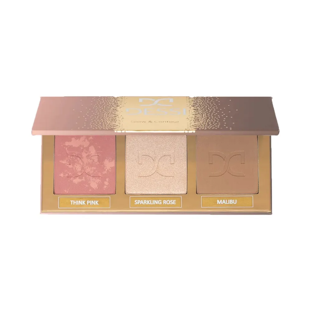 Палетка для лица Dessi Cosmetics Glow&Contour HEAT 04 хайлайтер, бронзер и румяна в футляре с зеркалом