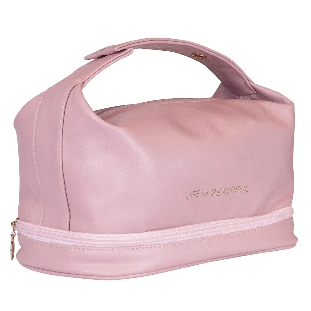 Косметичка Inter Vion Soft Pink в форме сумочки с органайзером для кистей, пудрово-розовая с золотыми элементами, 30x15,5x15,5 см