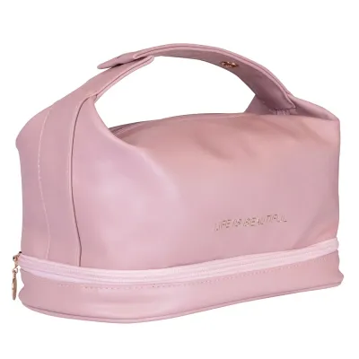 Косметичка Inter Vion Soft Pink в форме сумочки с органайзером для кистей, пудрово-розовая с золотыми элементами, 30x15,5x15,5 см