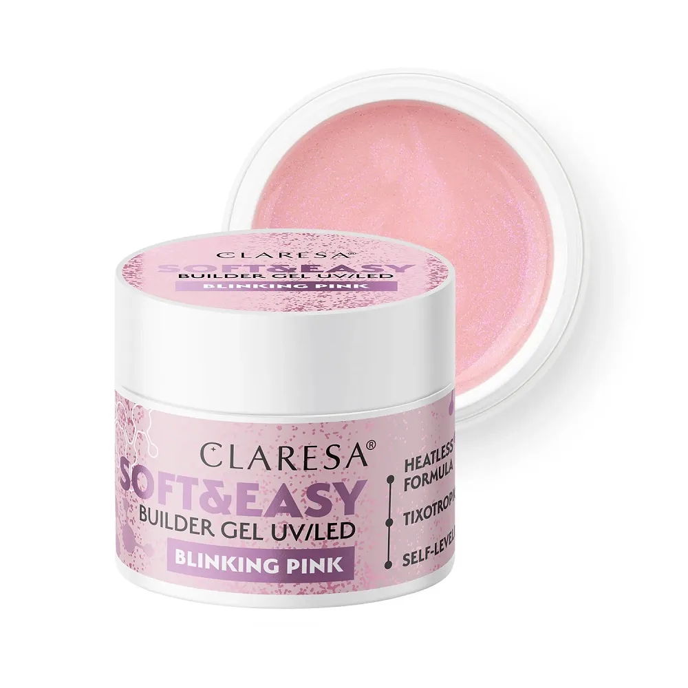 Гель строительный Claresa Nails Soft&Easy Blinking Pink розовый с глянцем, самовыравнивающийся, полимеризация в лампе, 90 г