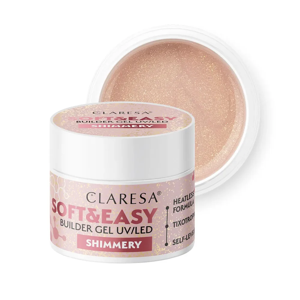 Гель строительный Claresa Nails Soft&Easy оттенок Shimmery, самовыравнивающийся, без опила и топа, UV и LED, 45 г