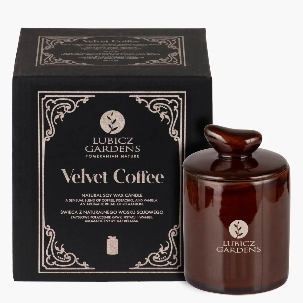Свеча ароматическая Lubicz Gardens Velvet Coffee круглая, соевый воск, хлопковый фитиль, кофе и ваниль, около 25 часов, 135 г