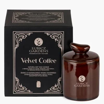 Свеча ароматическая Lubicz Gardens Velvet Coffee круглая, соевый воск, хлопковый фитиль, кофе и ваниль, около 25 часов, 135 г