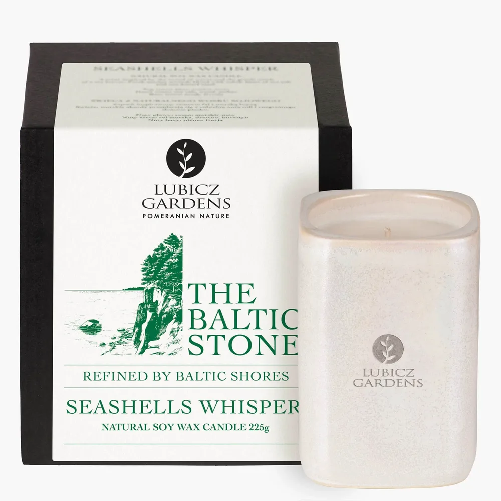 Свеча ароматическая Lubicz Gardens Baltic Stone Seashells Whisper квадратная высокая, соевый воск, сосна, морская соль и амбра, около 38 часов, 225 г