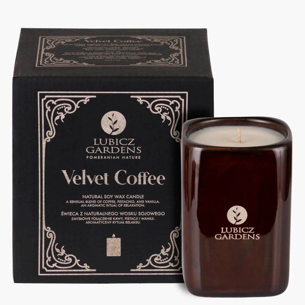 Свеча ароматическая Lubicz Gardens Velvet Coffee квадратная высокая, соевый воск, кофе, фисташка и ваниль, около 38 часов, 225 г