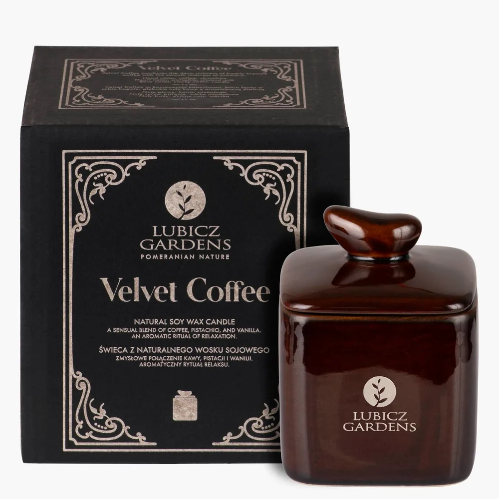 Свеча ароматическая Lubicz Gardens Velvet Coffee квадратная, соевый воск, деревянный фитиль с потрескиванием, около 28 часов, 180 г