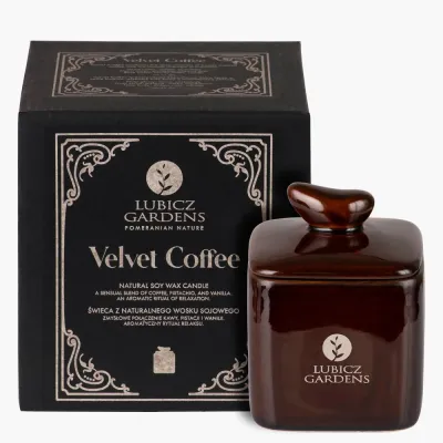 Свеча ароматическая Lubicz Gardens Velvet Coffee квадратная, соевый воск, деревянный фитиль с потрескиванием, около 28 часов, 180 г