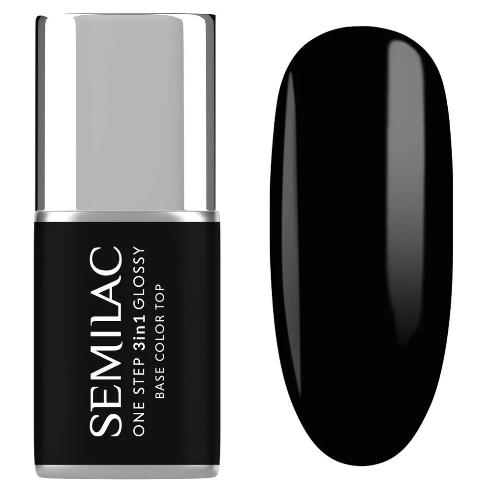 Гель-лак для ногтей Semilac One Step 3 в 1 Glossy плотный чёрный глянцевый, оттенок The Black, 7 мл