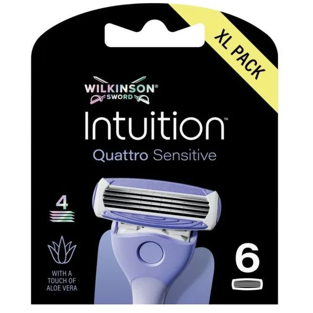 Сменные кассеты для бритвы Wilkinson Intuition Quattro Sensitive 4 лезвия, полоска с алоэ и витамином E, 6 шт