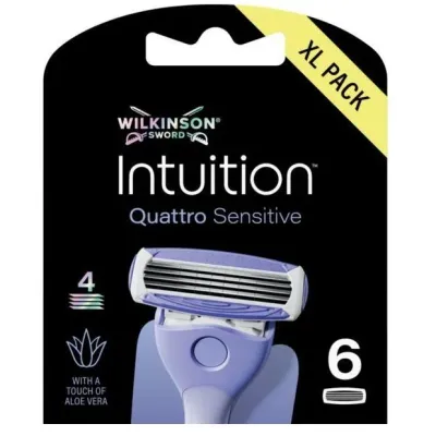 Сменные кассеты для бритвы Wilkinson Intuition Quattro Sensitive 4 лезвия, полоска с алоэ и витамином E, 6 шт