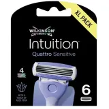 Сменные кассеты для бритвы Wilkinson Intuition Quattro Sensitive 4 лезвия, полоска с алоэ и витамином E, 6 шт — фото 1