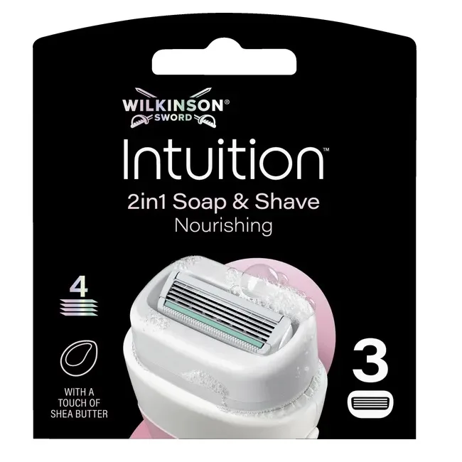 Сменные кассеты для бритвы Wilkinson Intuition Nourishing 4 лезвия, мыльная основа вокруг блока, 3 шт