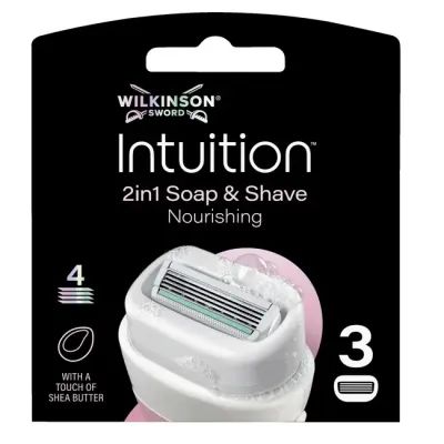 Сменные кассеты для бритвы Wilkinson Intuition Nourishing 4 лезвия, мыльная основа вокруг блока, 3 шт