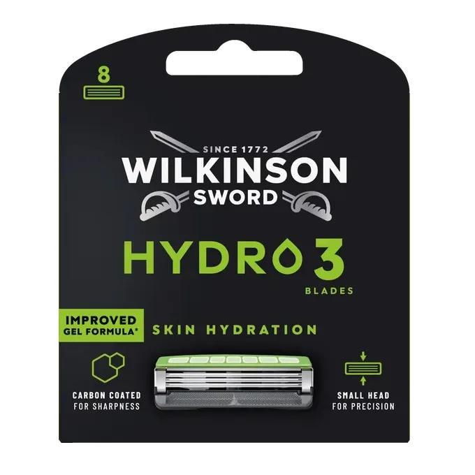 Сменные кассеты для бритвы Wilkinson Sword Hydro 3 Skin Hydration 3 лезвия с угольным покрытием и увлажняющим гелем, 8 шт