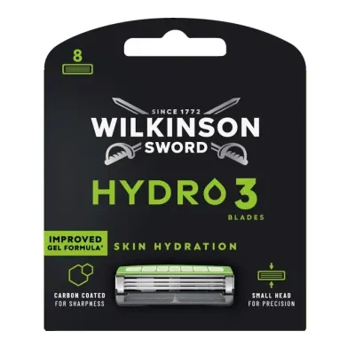 Сменные кассеты для бритвы Wilkinson Sword Hydro 3 Skin Hydration 3 лезвия с угольным покрытием и увлажняющим гелем, 8 шт