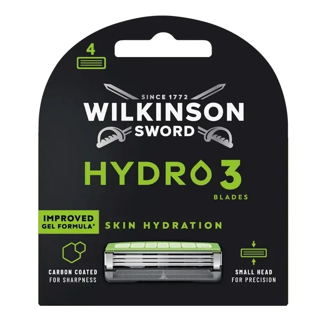 Сменные кассеты для бритвы Wilkinson Sword Hydro 3 Skin Hydration 3 лезвия с угольным покрытием и увлажняющим гелем, 4 шт