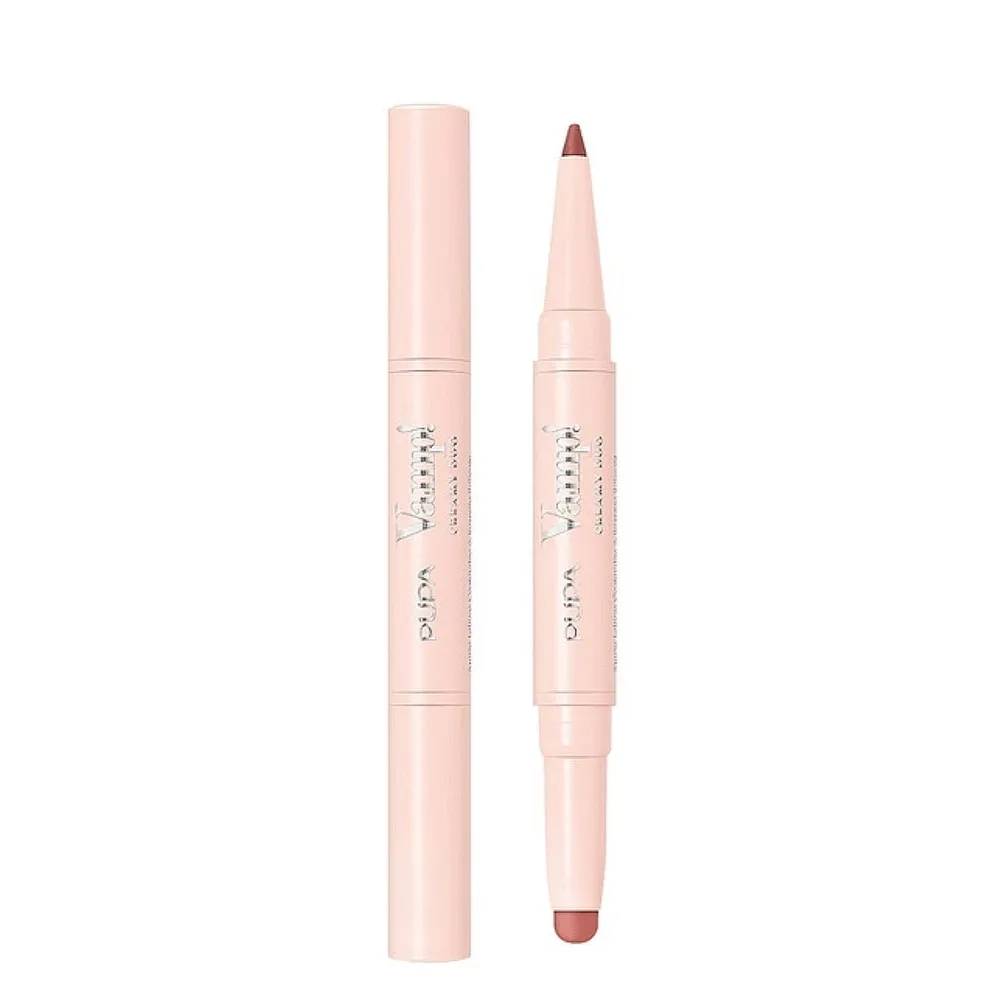 Карандаш-контур для губ и помада 2 в 1 PUPA Milano VAMP! Creamy Duo Peach Nude персиково-бежевый тон, мягкий блеск, 0,2 г + 0,8 г