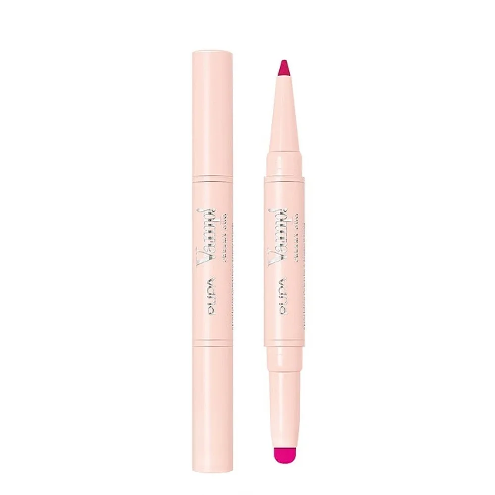 Карандаш-контур для губ и помада 2 в 1 PUPA Milano VAMP! Creamy Duo Flamingo Fuchsia яркая фуксия, насыщенный пигмент, 0,2 г + 0,8 г