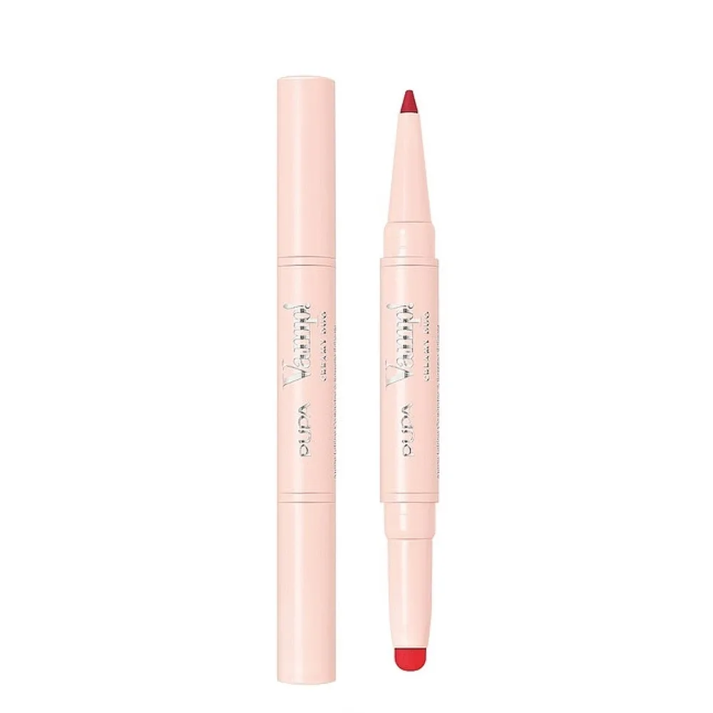 Карандаш-контур для губ и помада 2 в 1 PUPA Milano VAMP! Creamy Duo True Red классический красный, глянцевый финиш, 0,2 г + 0,8 г