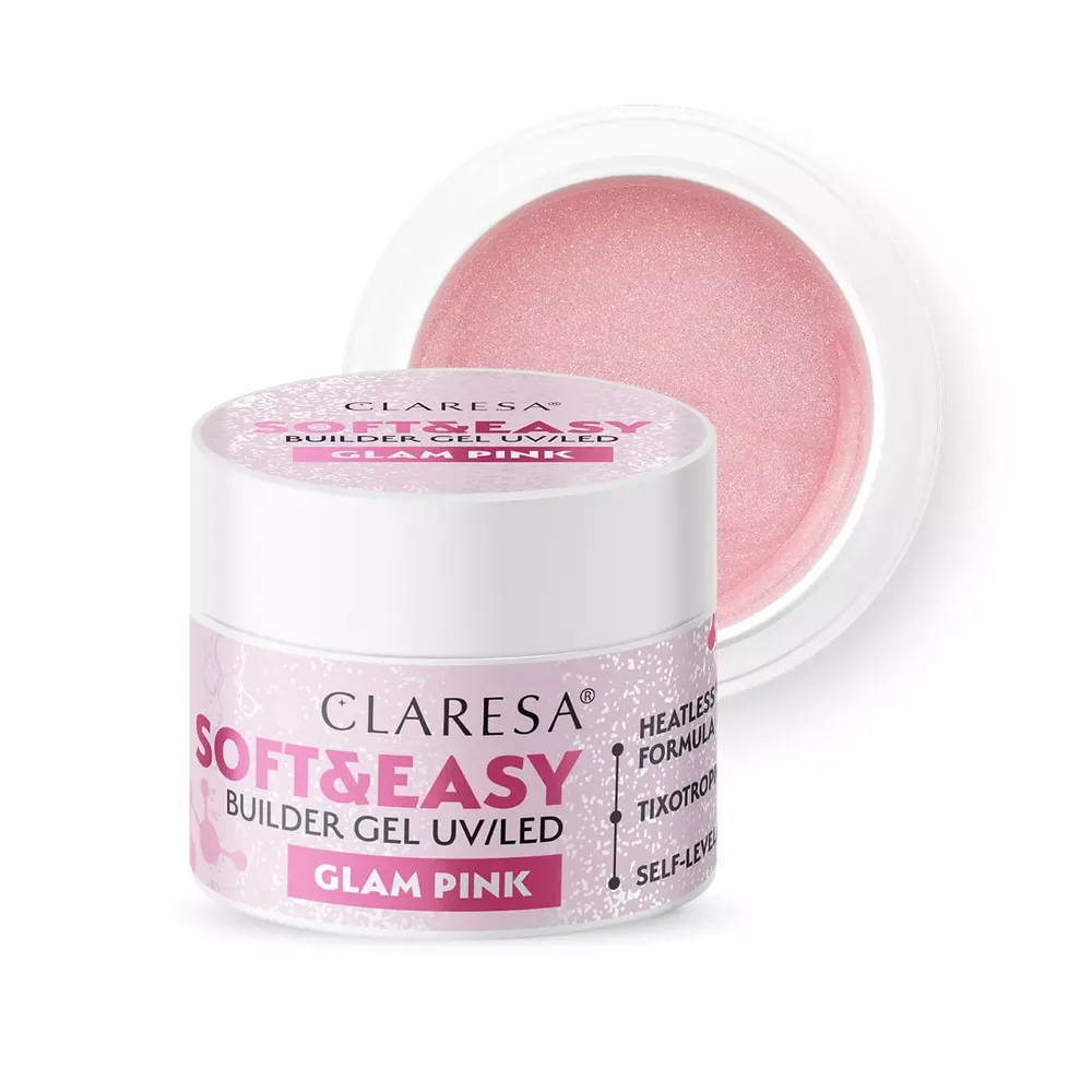 Гель строительный для наращивания ногтей Claresa Nails Soft&Easy Builder Gel GLAM PINK камуфлирующий самовыравнивающийся, 45 г