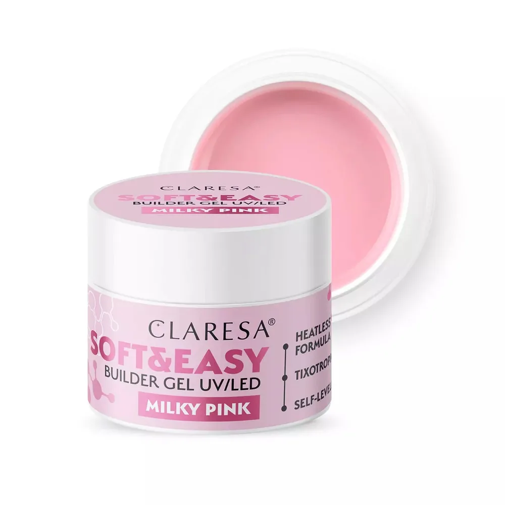 Гель строительный для ногтей Claresa Soft&Easy Builder Gel MILKY PINK молочно-розовый, для бэйби-бумера, 45 г