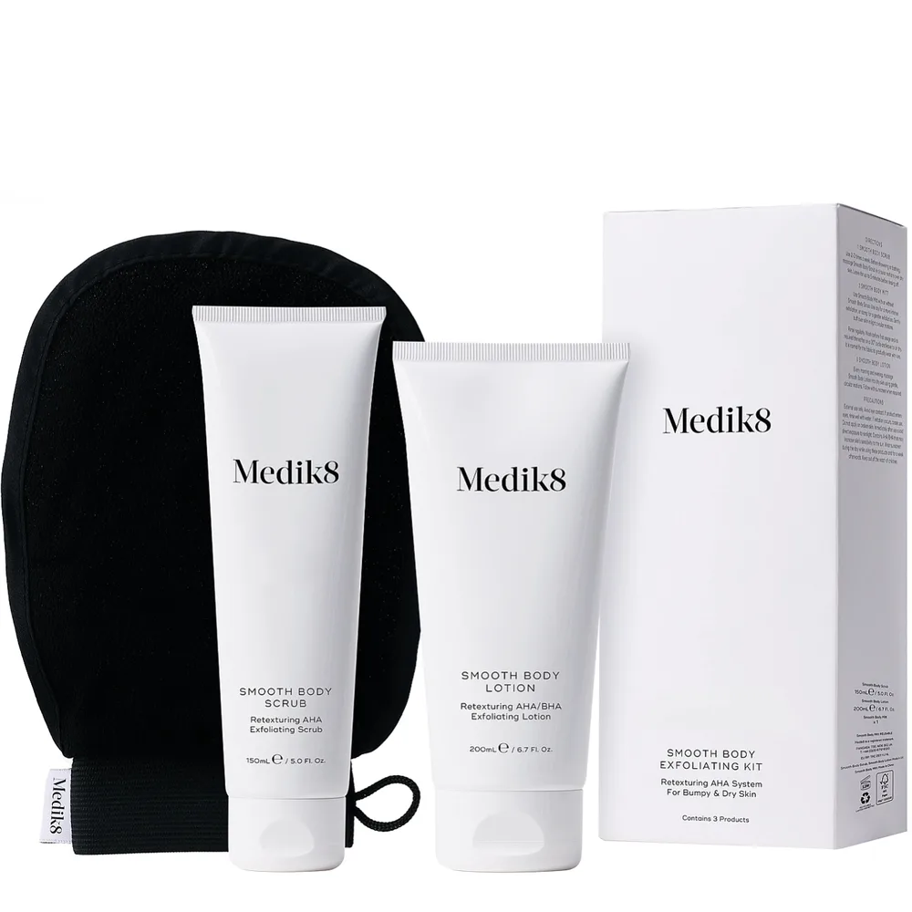 Набор для тела Medik8 Smooth Body Exfoliating Kit отшелушивающий, скраб, лосьон и рукавица, 150 мл + 200 мл