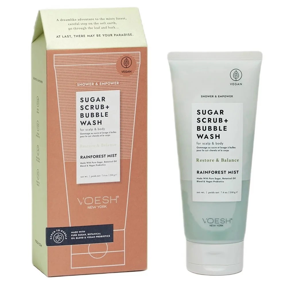 Скраб для тела Voesh Sugar Scrub + Bubble Wash Rainforest Mist сахарный, 2 в 1 с гелем для душа, для кожи головы, 210 г